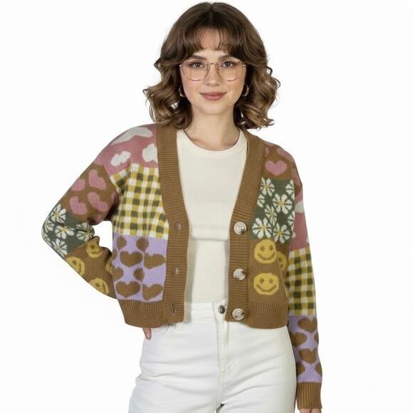 debut Sweaters - Debut Quirky Patchwork Cropped Cardigan Womens XS Brown Pink Retro Indie Whimsy
